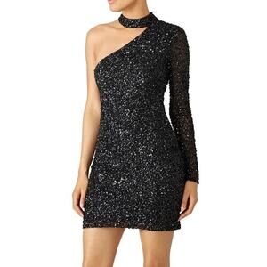 Parker Zoey Dress Sequin Mock Neck One Shoulder Long Sleeve Sheath Mini Black 4